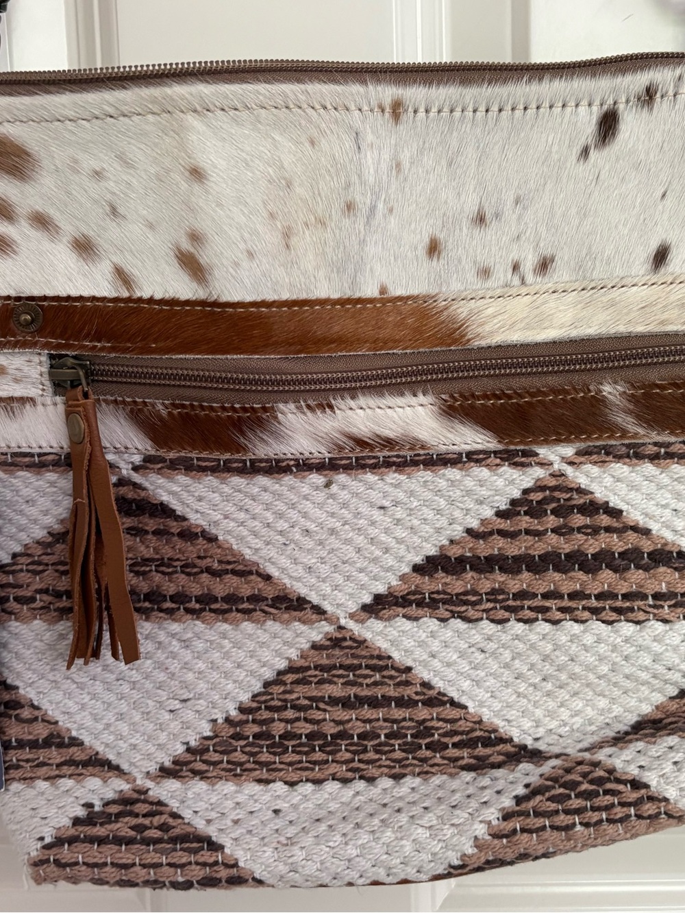 Myra Bag Womens Brown Cream Cow Hide Leather Dusky Triangles Crossbody Bag NWT